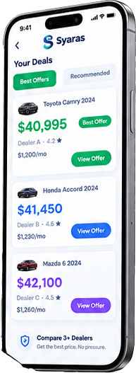 Syaras mobile app showing offers from dealers